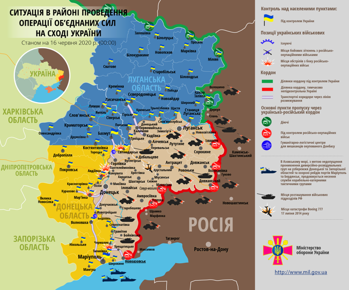 Ситуація на сході країни станом на 16 червня 2020 року за даними РНБО України, пресцентру ООС, Міністерства оборони, журналістів і волонтерів.