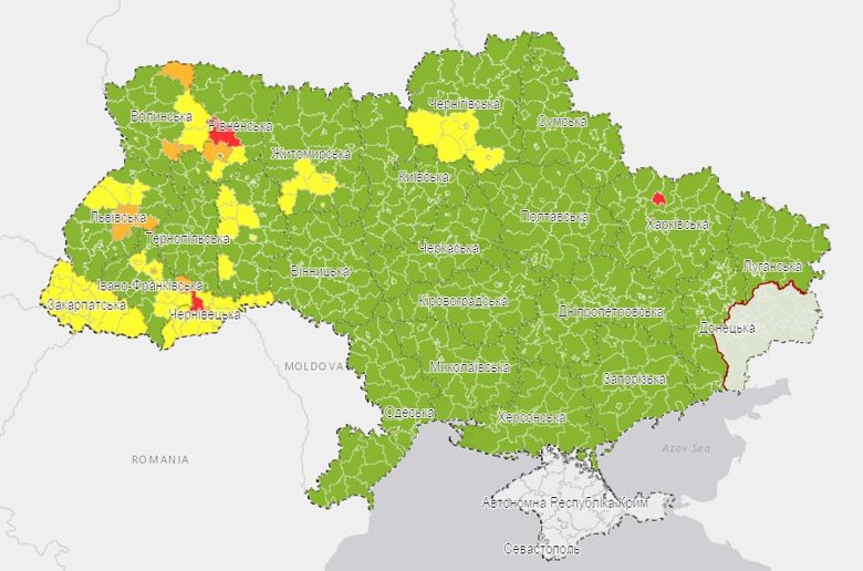 В Україні оновили карту карантинних зон з урахуванням епідситуації. Харків змінив Луцьк і Тернопіль у червоній зоні.