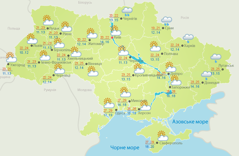 Сьогодні, 28 серпня, в Україні пройдуть дощі в центрі, на півночі та на сході країни. При цьому температура триматиметься в межах від +19°C до +29°C.