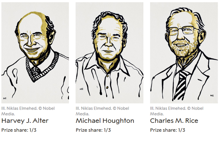 В Стокгольме объявили имена лауреатов Нобелевской премии по медицине и физиологии. В этом году награду присудили трем ученым - Харви Олтер, Майклу Хаутона и Чарльзу Райсу - за открытие вируса гепатита С.