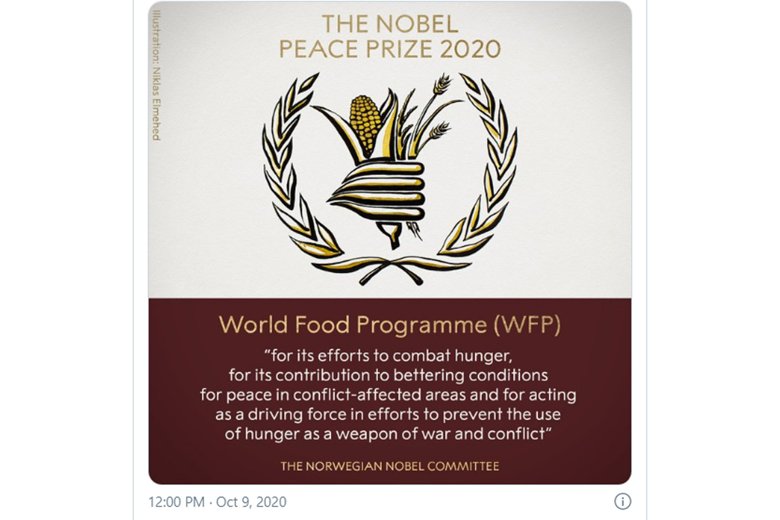 Нобелевскую премию мира в 2020 году получила Всемирная продовольственная программа за усилия по борьбе с голодом.