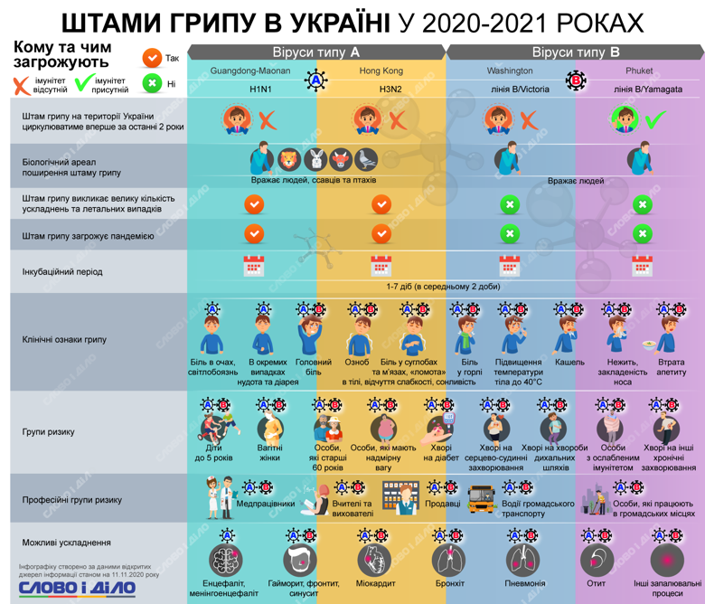 В Україні в епідсезоні 2020-2021 років циркулюватимуть чотири штами грипу, два з яких належать до типу А – це більш агресивні віруси.