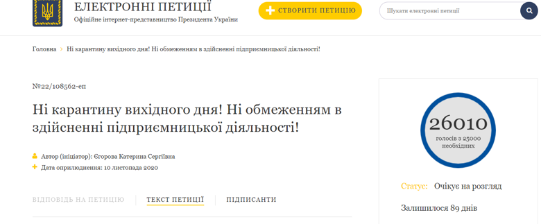 На сайте главы государства Владимира Зеленского создали петицию с требованием отменить карантин выходного дня.