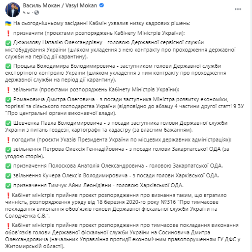 За інформацією Мокана, уряд визнав таким, що втратило силу своє розпорядження щодо призначення Солодченка.