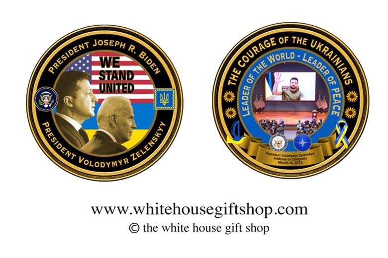 Белый дом в сувенирном магазине презентовал памятную монету, посвященную  обращению Владимира Зеленского к Конгрессу США. Ее будут продавать по 100 долларов.