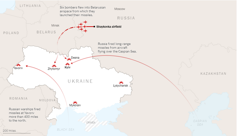 На вихідних, 25-26 червня, росія випустила по території України кілька десятків ракет. Карта ракетних ударів.