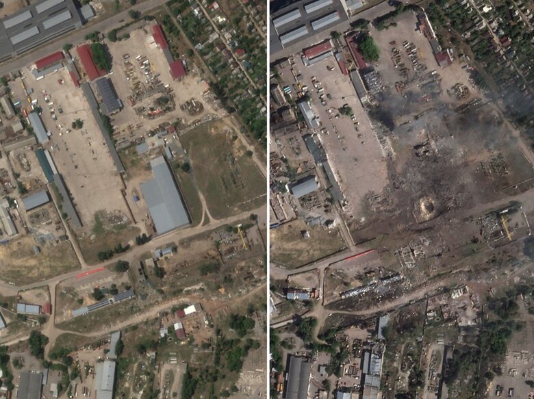 На супутникових знімках видно, що на місці російського складу з боєприпасами залишилася вирва від удару, будівлі поряд пошкоджені чи зруйновані.