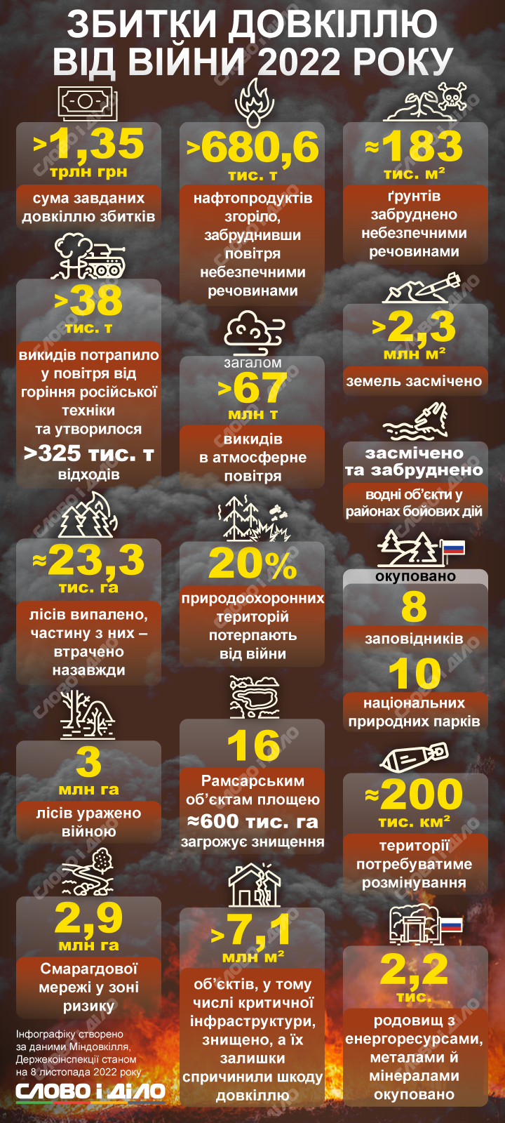 В результате российской агрессии в Украине пострадало 3 млн гектаров леса, под угрозой уничтожения находятся заповедные территории, в воздух и грунты попали миллионы тонн вредных веществ.