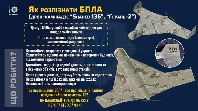 Министерство внутренних дел разъяснило украинцам, как распознать дроны-камикадзе Shahed-136 и защититься от них.