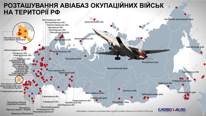 Скільки у російських повітряно-космічних сил авіабаз та де вони розташовані – на інфографіці. Зокрема, в окупованому Криму у рф шість аеродромів.