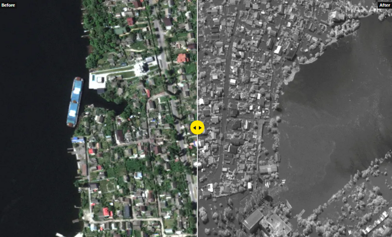 Супутникові фото затопленої після підриву Каховської ГЕС Херсонщини оприлюднила компанія Maxar.