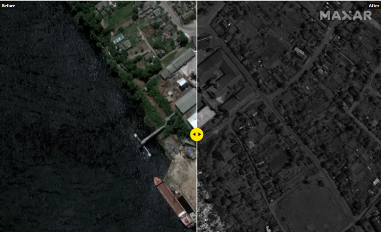 Супутникові фото затопленої після підриву Каховської ГЕС Херсонщини оприлюднила компанія Maxar.