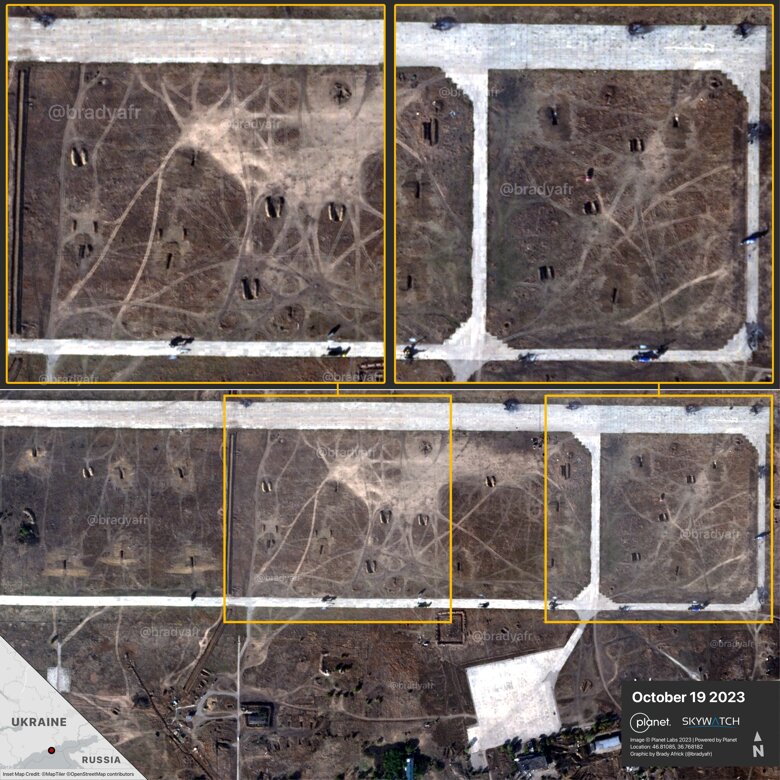 На спутниковых снимках видно, что россияне убрали часть вертолетов с аэродрома в Бердянске после ракетной атаки.