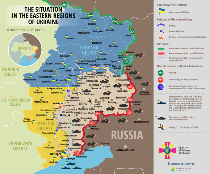 Ситуація на сході країни станом на 00:00 4 листопада 2015 за даними РНБО України, прес-центру АТО, Міноборони, журналістів та волонтерів.