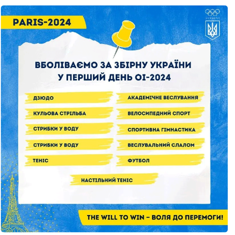 Українські спортсмени стартують на Олімпіаді у Парижі у 11 видах спорту. Розклад змагань на сьогодні.