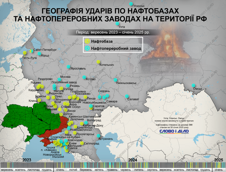 Украина за почти полтора года нанесла сотню ударов по НПЗ и нефтебазам на территории россии. География ударов – на карте.