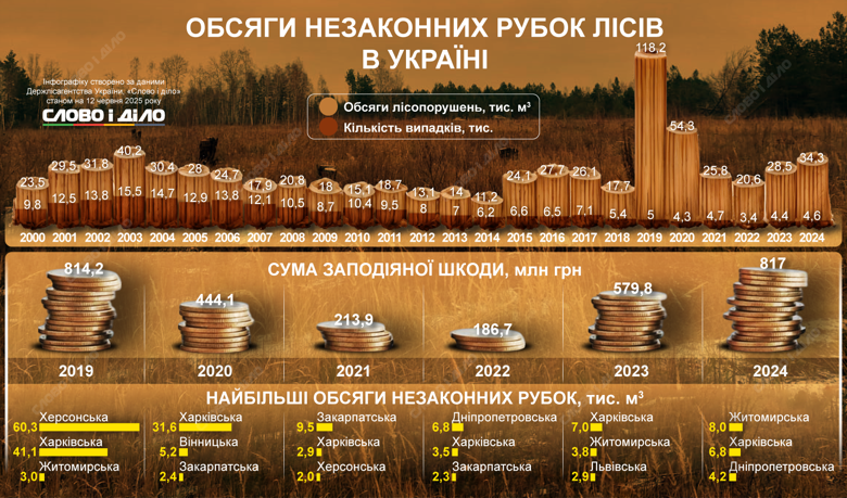 В 2024 году из-за незаконных вырубок леса в Украине государство потеряло 817 млн ​​грн – это самый высокий показатель за пять лет. Подробности – на инфографике.