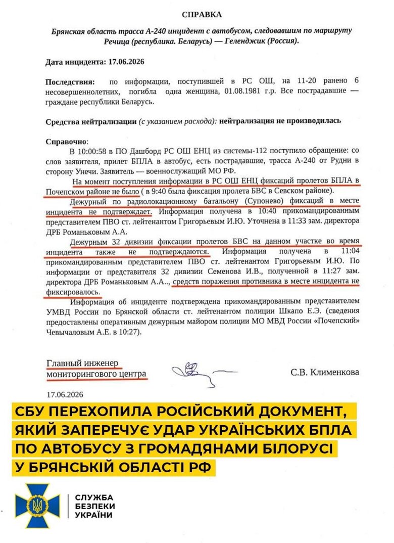 У СБУ есть все основания полагать, что удар по автобусу в Брянской области рф является спецоперацией российских спецслужб, поскольку на момент инцидента с автобусом в воздушном пространстве района не было украинских дронов.