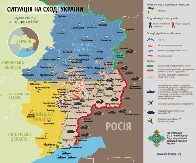 Ситуація на сході країни станом на 00:00 16 вересня 2016 року за даними РНБО України, прес-центру АТО, Міноборони, журналістів та волонтерів.