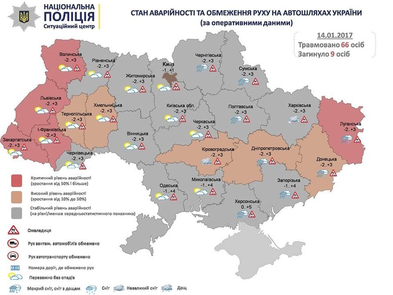Из-за непогоды в Украине в Закарпатской, Ивано-Франковской, Львовской, Волынской и Луганской областях объявлен критический уровень аварийности на дорогах.