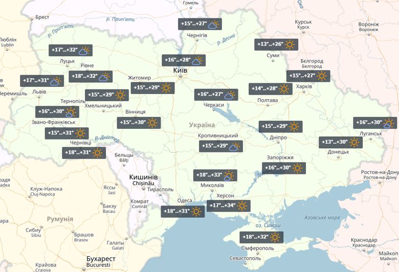 31 липня в Україні йде дуже спекотна погода. Практично на всій території хмарно з проясненнями і без опадів.