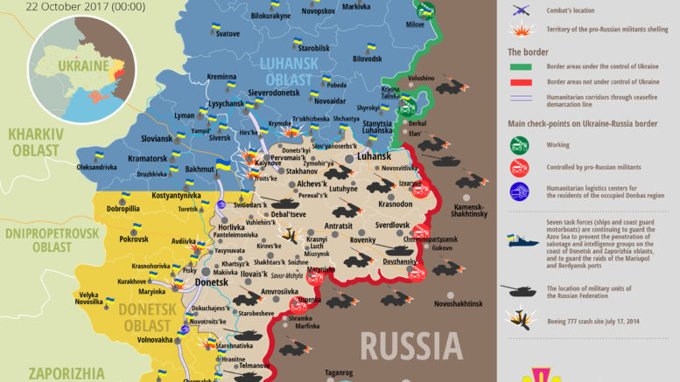 Ситуація на сході країни станом на 00:00 22 жовтня 2017 року за даними РНБО України, прес-центру АТО, Міноборони, журналістів і волонтерів.