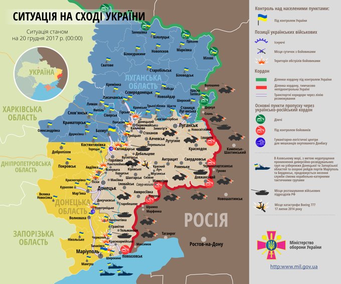 Ситуация на востоке страны по состоянию на 06:00 20 декабря 2017 по данным СНБО Украины, пресс-центра АТО, Минобороны, журналистов и волонтеров.