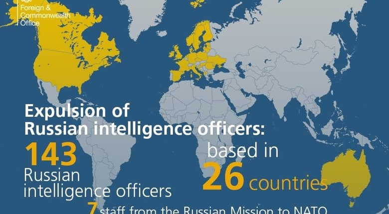 26 країн виcлали 143 російських співробітника розвідки, які видавали себе за дипломатів, в зв'язку з отруєнням у Солсбері колишнього російського розвідника Сергія Скрипаля.