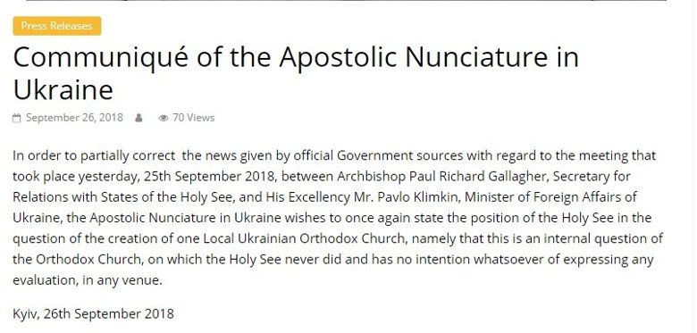 Ватикан виправив заяву Павла Клімкіна про підтримку надання автокефалії Україні. Але від своїх слів не відмовився.