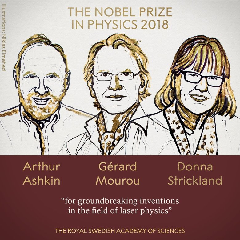 Нобелівська премія 2018 року з фізики присуджена Артуру Ешкену, Жерару Муру та Донні Стрікленд.