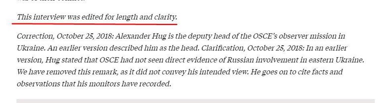 Скандальную цитату Хуга американский журнал убрал из текста. Речь шла о том, видела ли  мониторинговая миссия ОБСЕ доказательства российского присутствия на Донбассе.