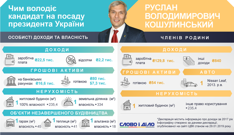Кандидат в президенты Украины Руслан Кошулинский владел домом, строил теплицу, гараж и беседку, а также заработал 23 тысячи гривен за год.