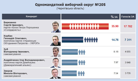 В результате довыборов в ВРУ по 205 округу Черниговской области победил кандидат от «БПП» Сергей Березенко, который набрал 35,90 % голосов избирателей.
