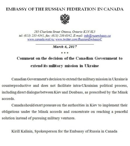 Рішення канадського Міноборони про продовження військової допомоги Україні дипломати РФ в Оттаві назвали контрпродуктивним.
