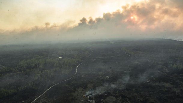 У ДСНС назвали площу пожежі в Чорнобилі – 0,8 гектара. Триває гасіння двох окремих осередків.