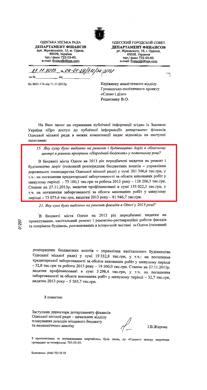 Лист заступника департаменту фінансів Одеської міської ради І.В.Жирової