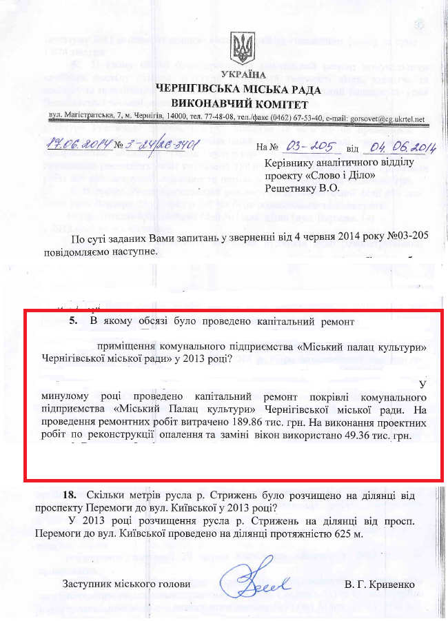 Лист Чернігівської міської ради від 17.06.2014 року 