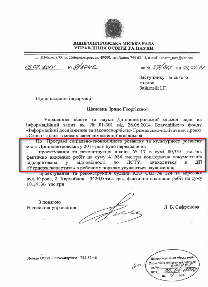 Лист Дніпропетровської міської ради від 09.07.2014