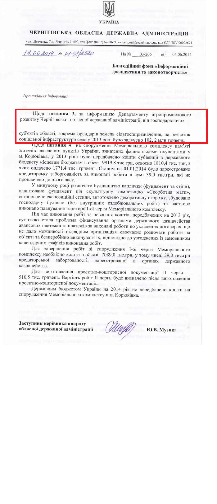 Лист Чернігівської обласної державної адміністрації від 16.06.2014 року