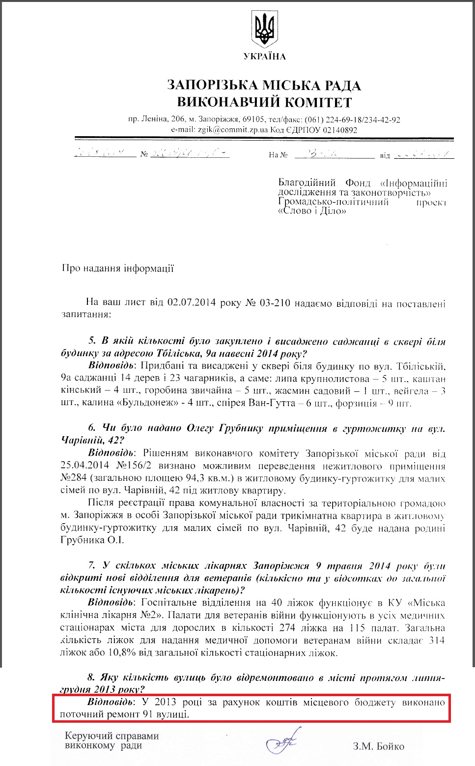 Лист керуючого справами виконкому Запорізької міськради З.М.Бойка