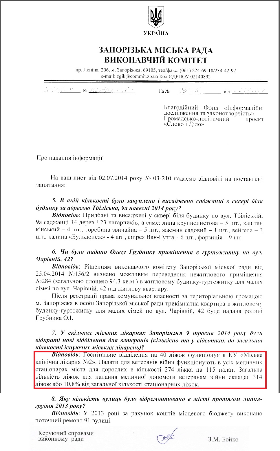 Лист керуючого справами виконкому Запорізької міськради З.М.Бойка