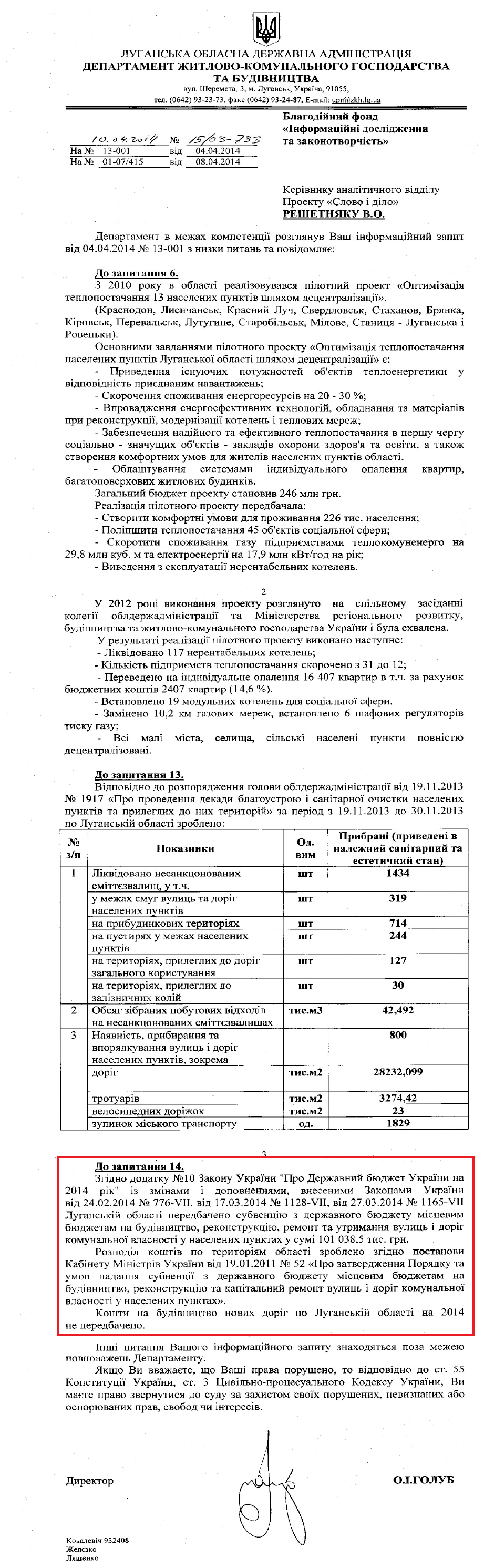 Лист директора департаменту ЖКГ та будівництва Луганської ОДА О.І. Голуба