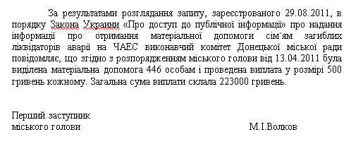 Письмо Первого заместителя городского головы Н.И. Волкова