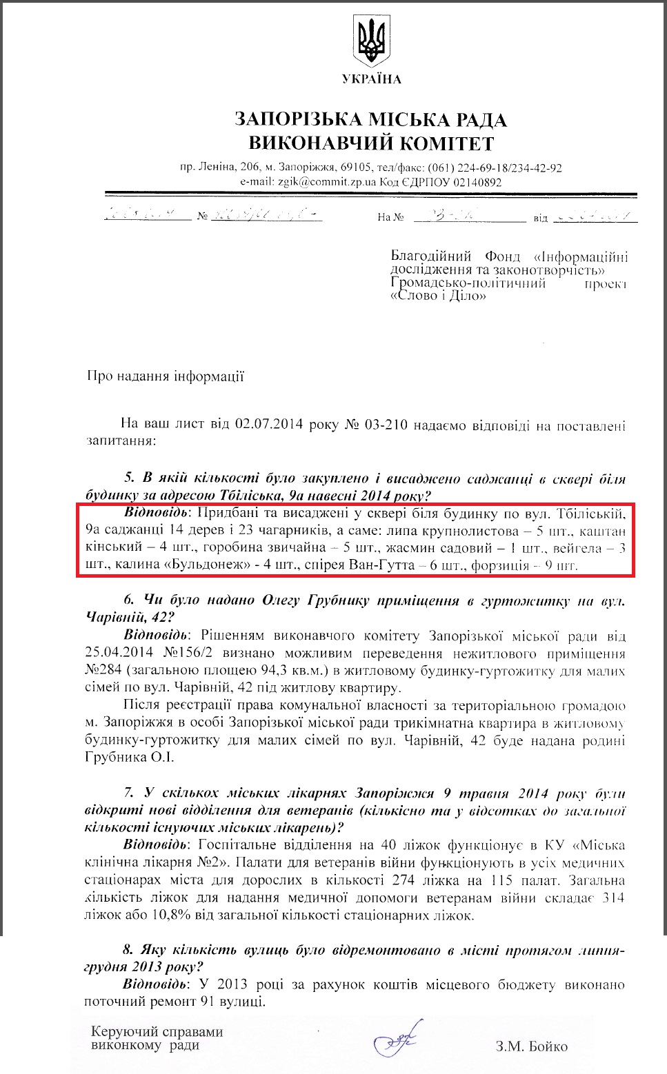 Лист керуючого справами виконкому Запорізької міськради З.М.Бойка