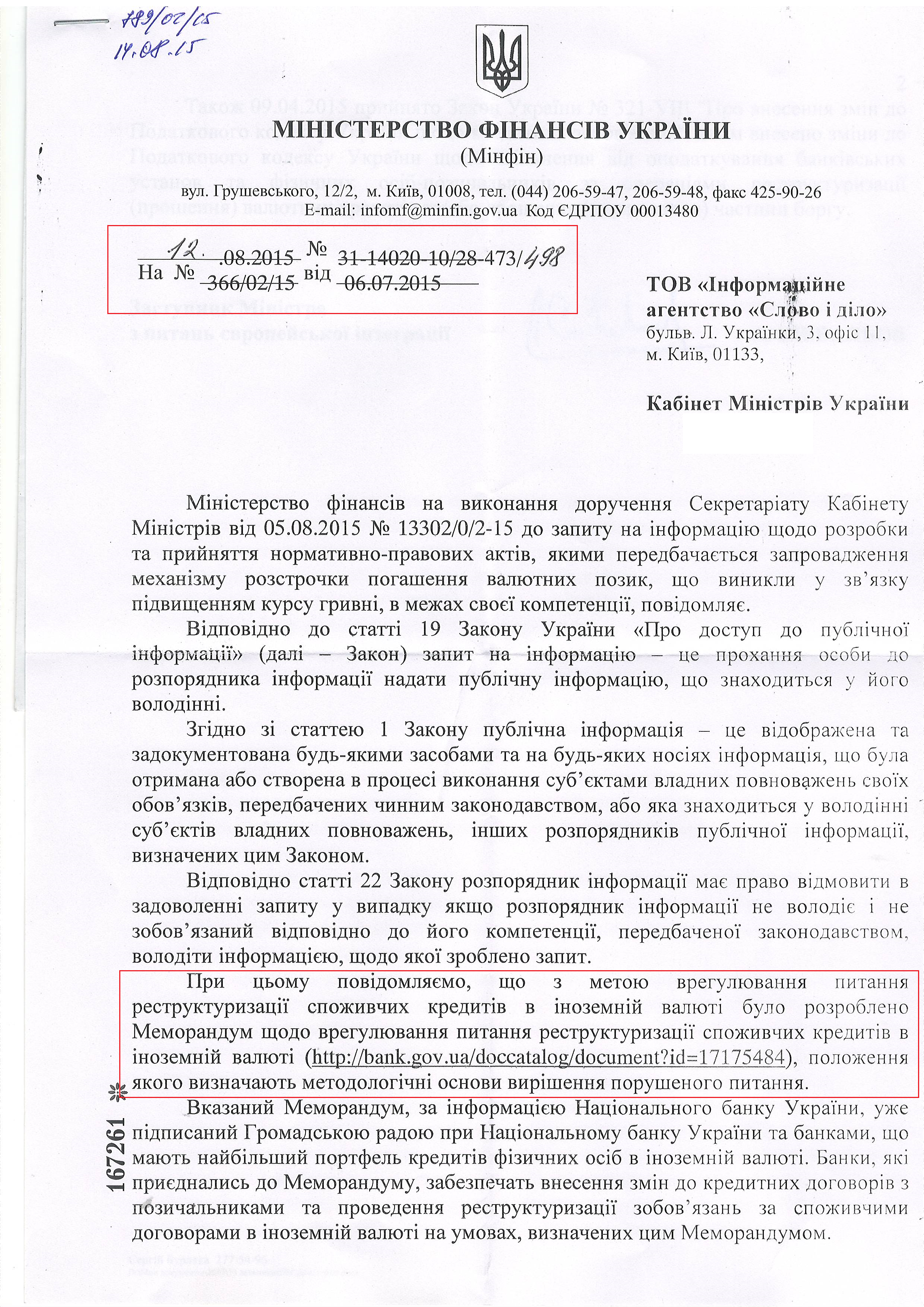 Лист Міністерства фінансів України від 12 серпня 2015 року