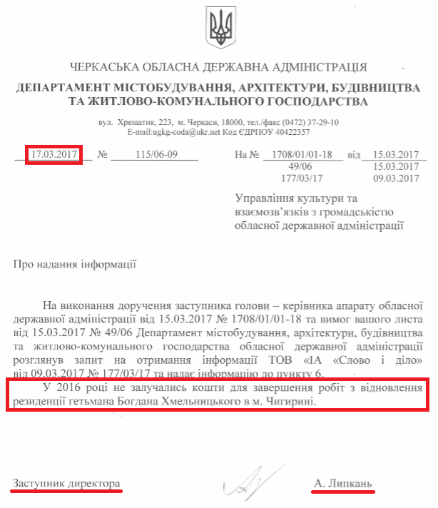 Лист заступника директора департаменту Липкань А.