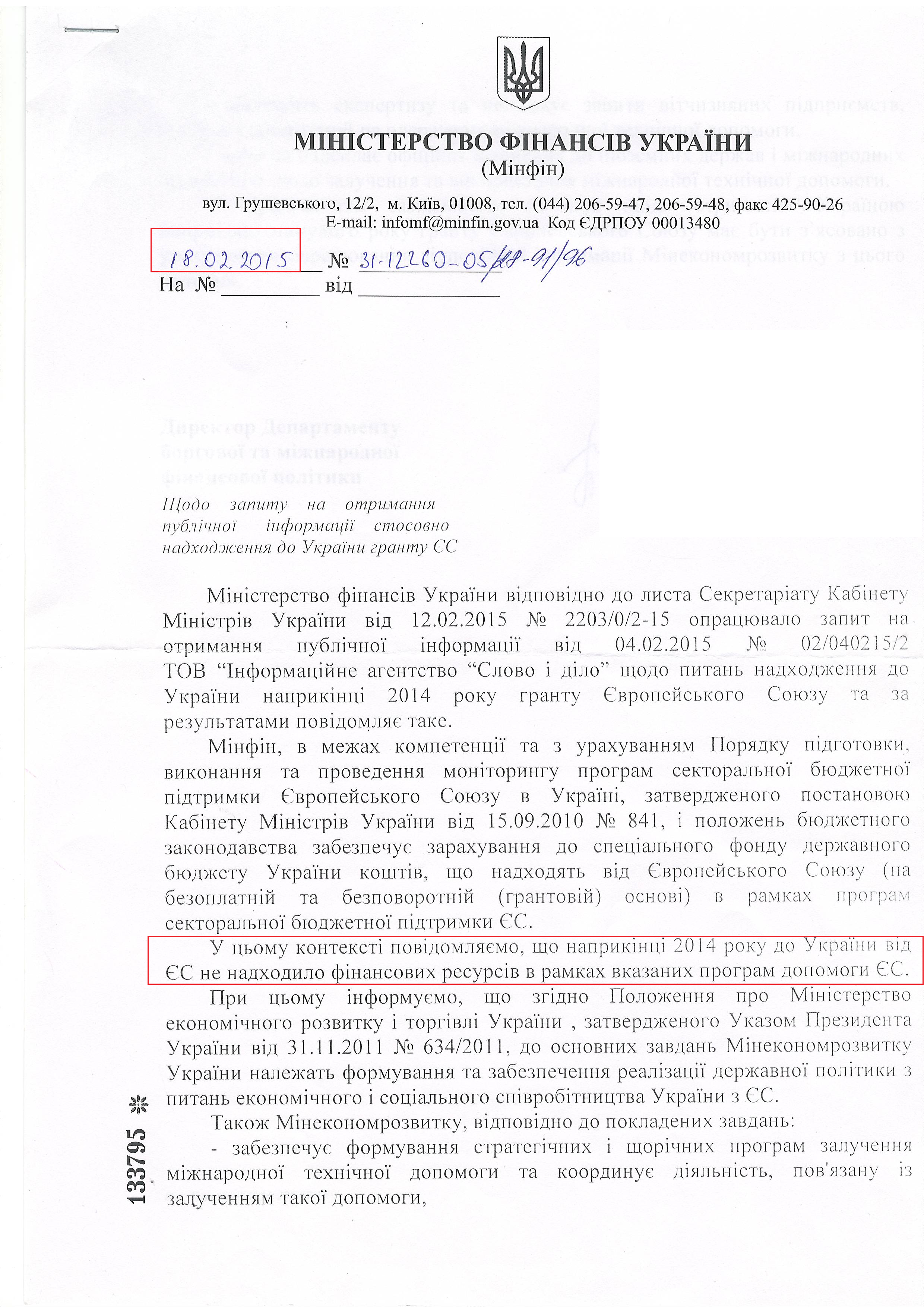 Лист Міністерства фінансів України від 18 лютого 2015 року