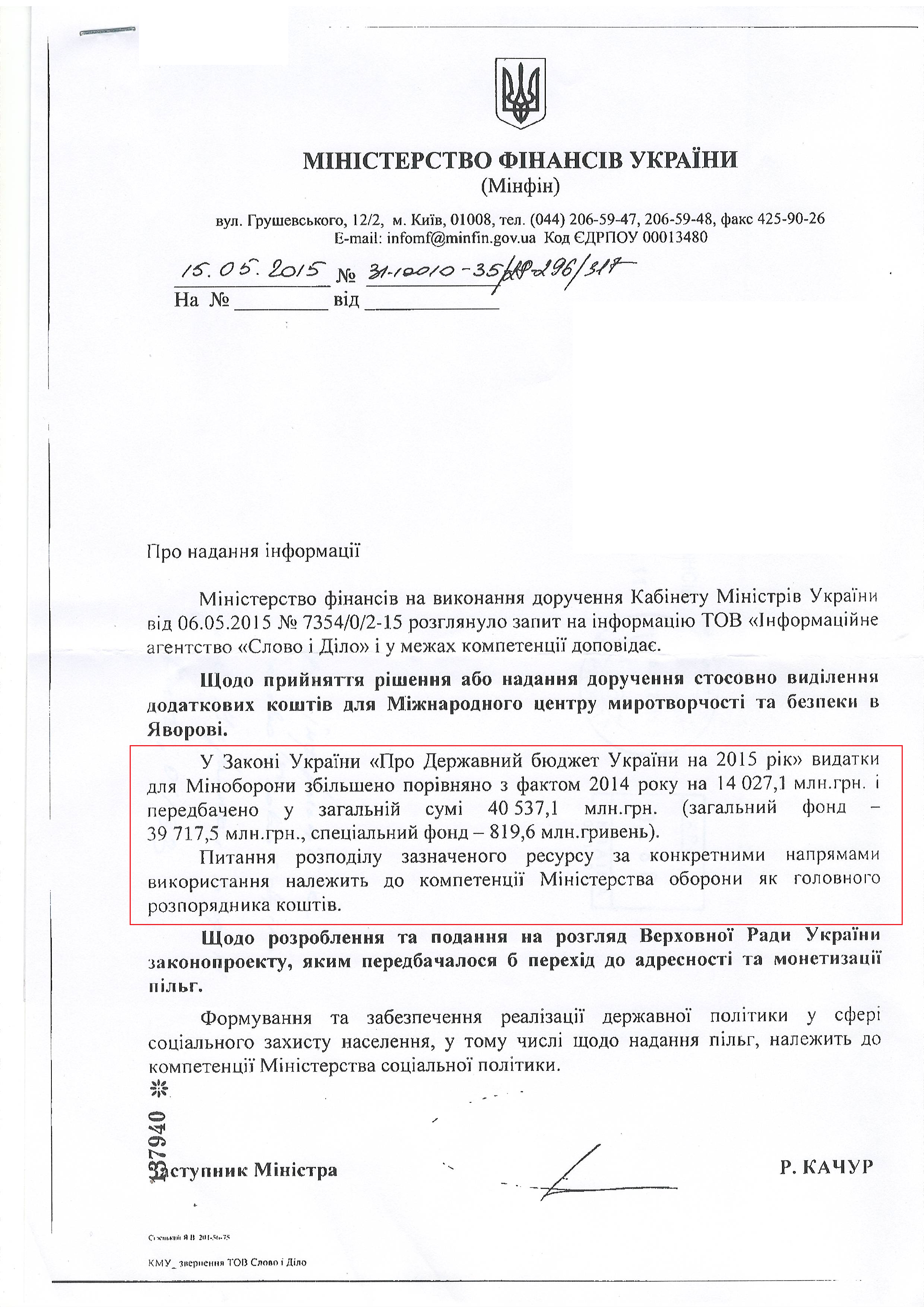 лист міністерства фінансів України від 15 травня 2015 року