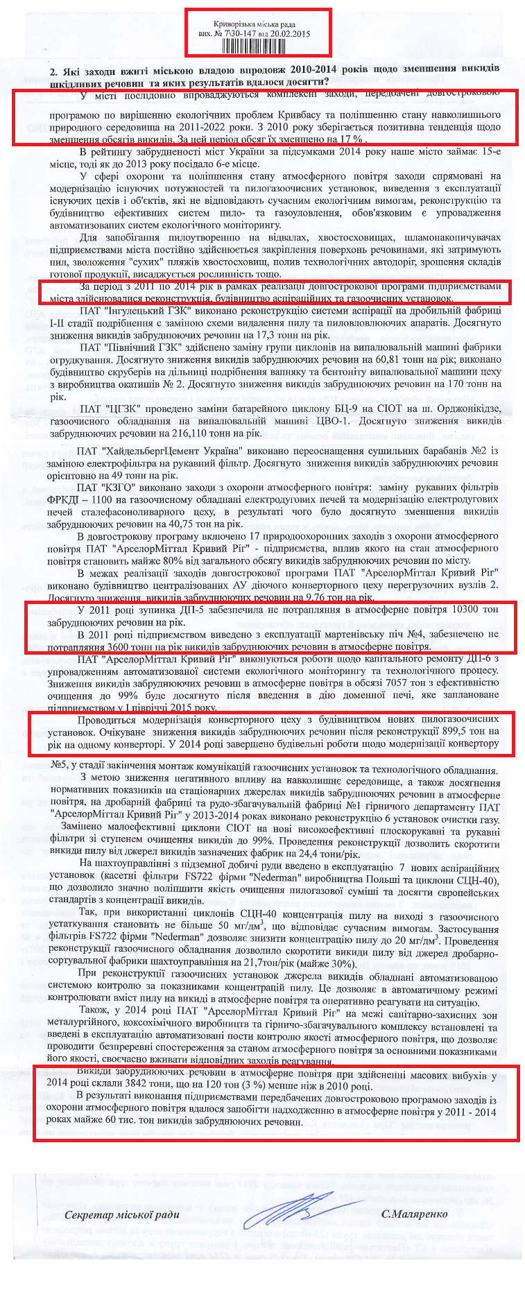 Лист секретаря міської ради С. Маляренко