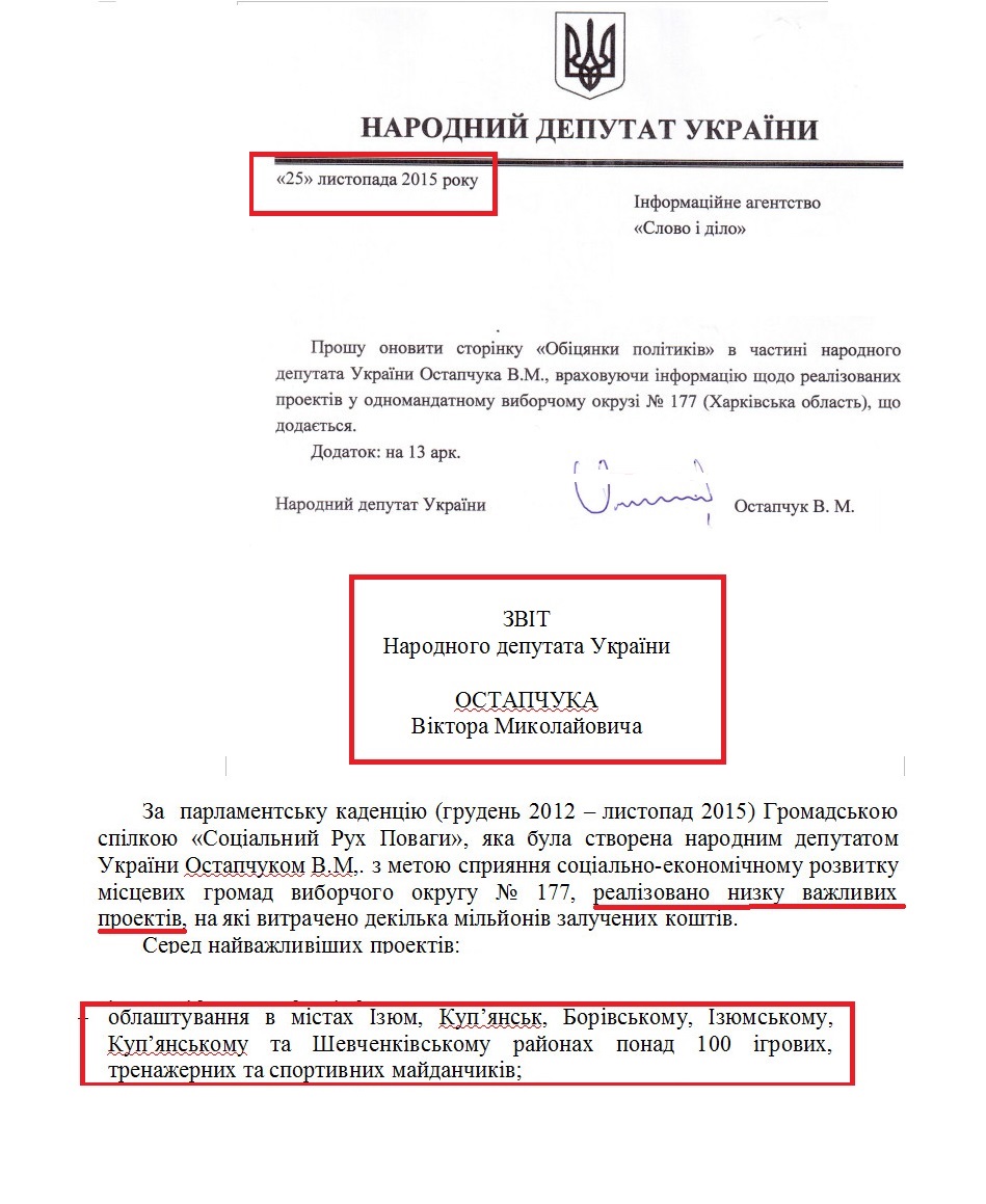 Звіт Народного депутата України Віктора Остапчука